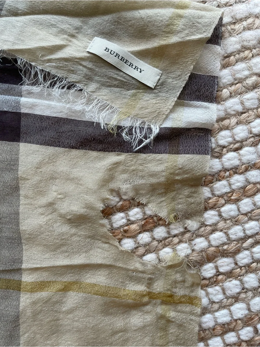 Burberry Iconic Plaid Wool Lightweight Long Scarf Wrap Note: damaged area